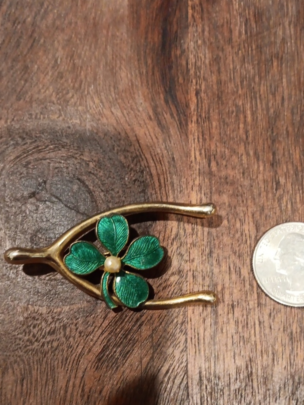 Vintage Green Clover Wishbone Brooch with Faux Pearl - Unbranded